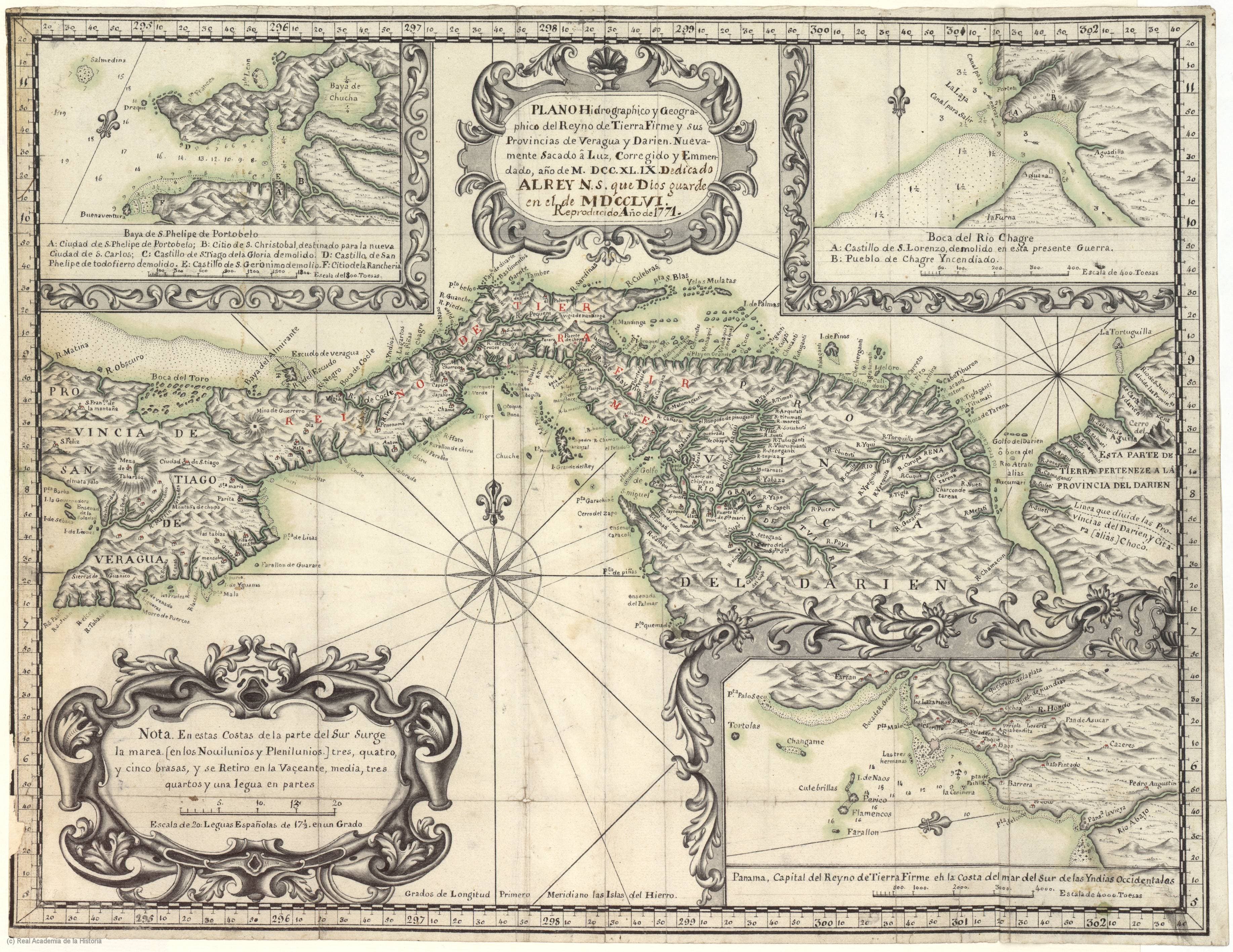 Plano Hidrográfico y Geográfico del Reino de Tierra Firme y sus provincias de Veragua y Darién. Copia Pedro Rodríguez Campomanes. Año 1771.