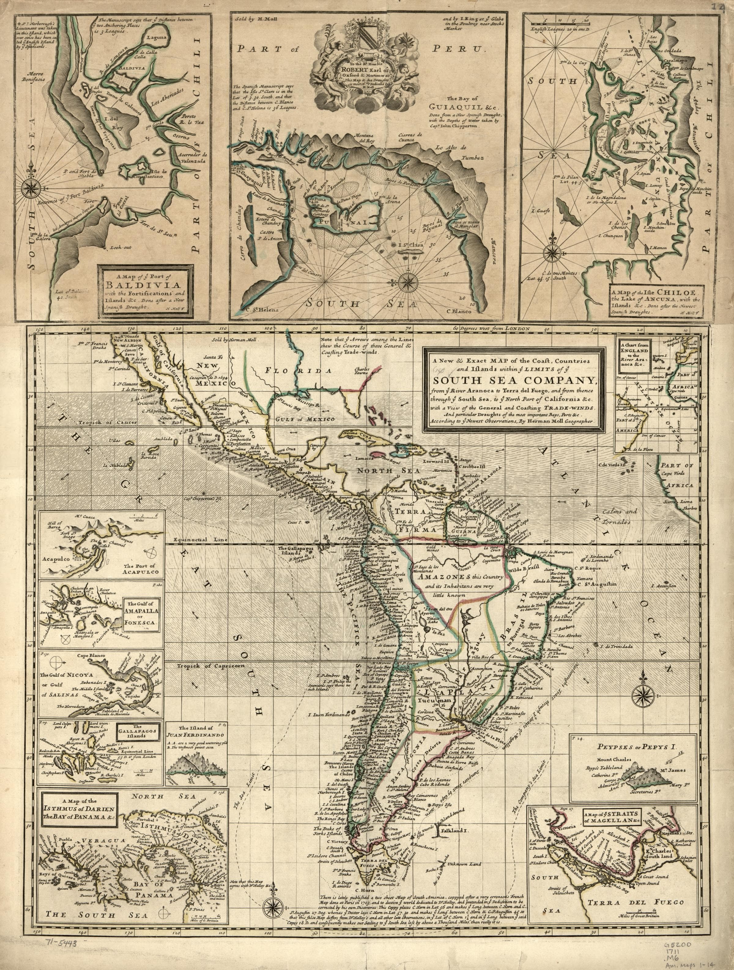 A new & exact map of the coast, countries and islands within ye limits of ye South Sea Company
